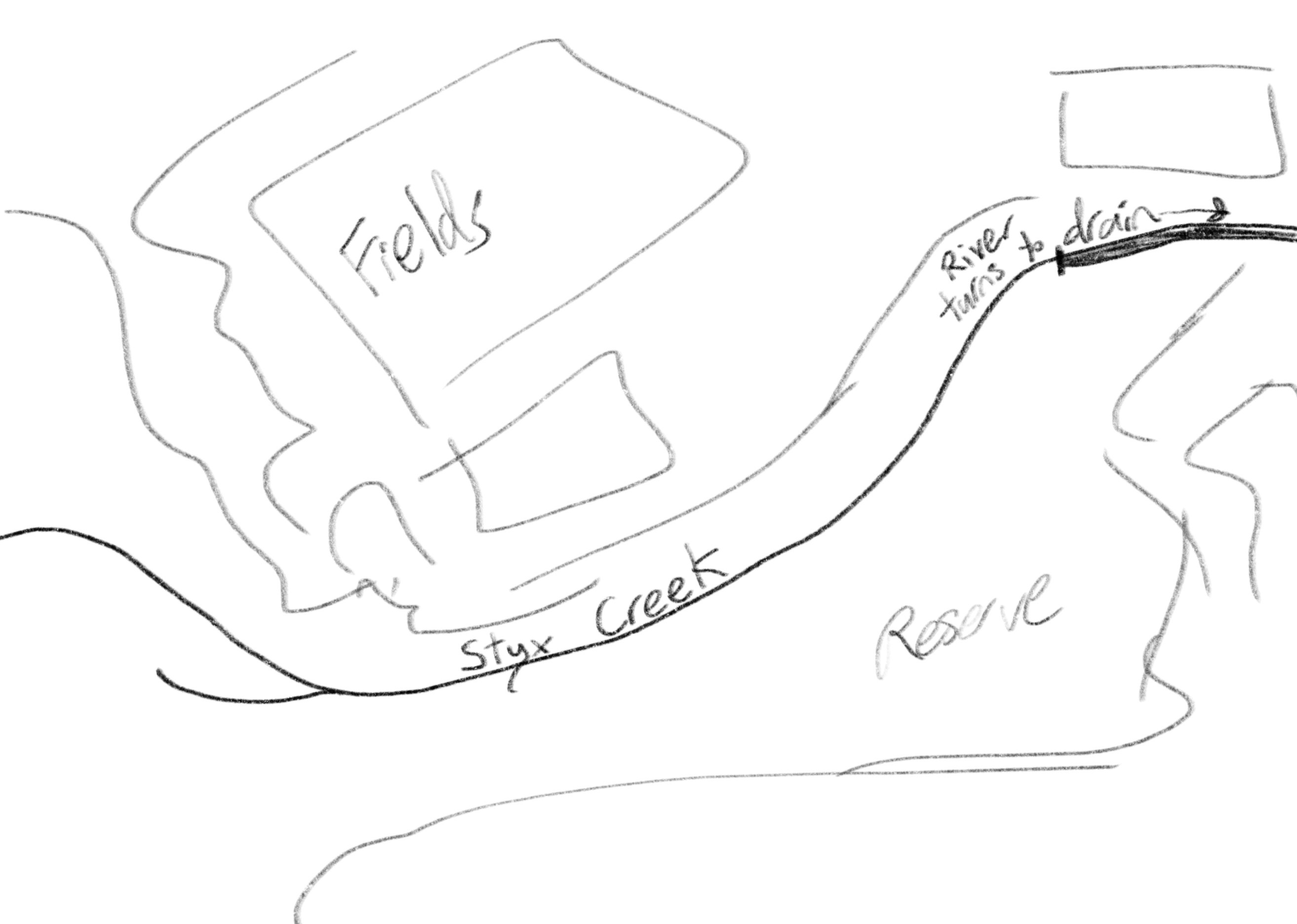 Hand-drawn map of Styx Creek