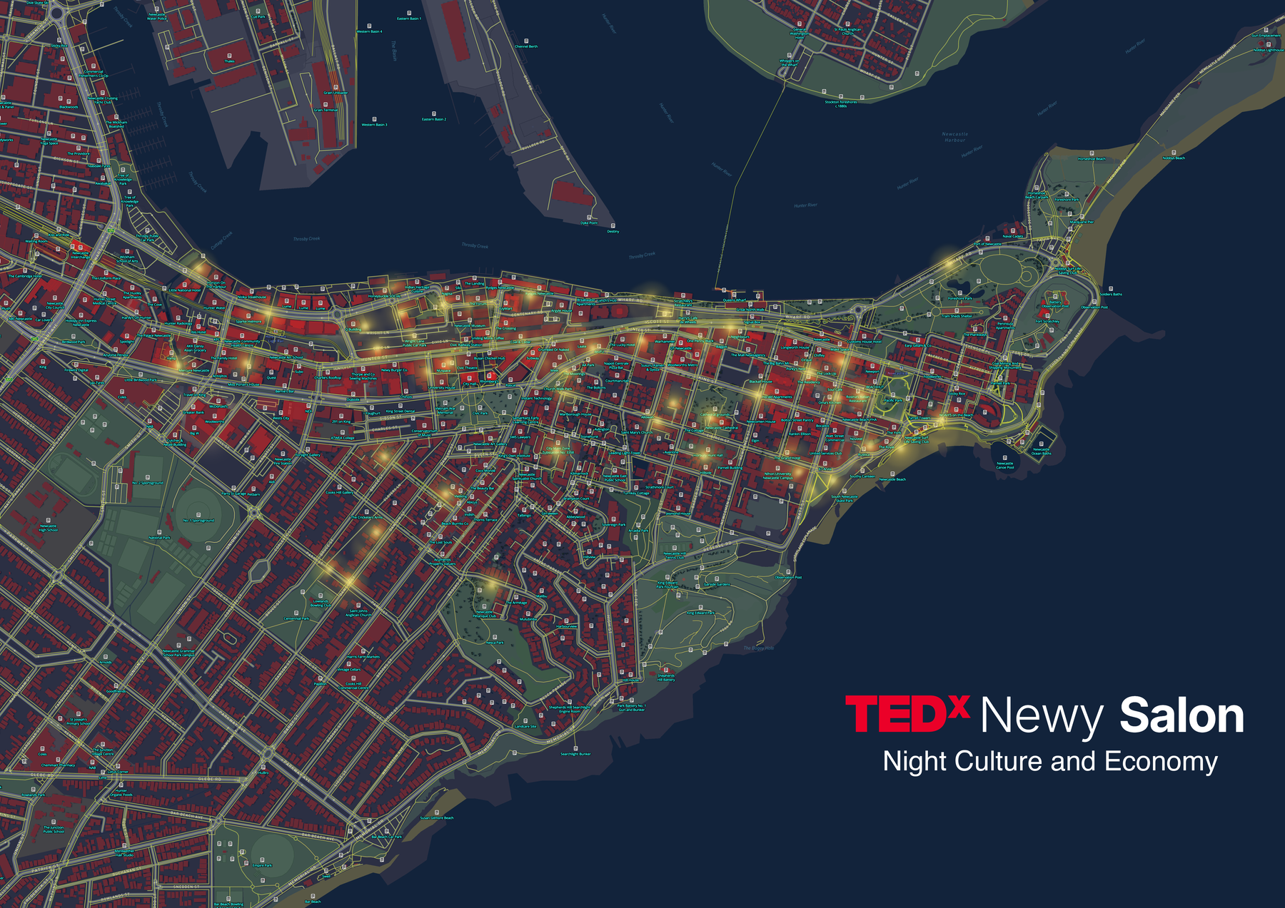 Yellow glow-map markers placed on the Night Culture map of Newcastle East — densest along the foreshore, on Newcastle East peninsula, and through the CBD streets.