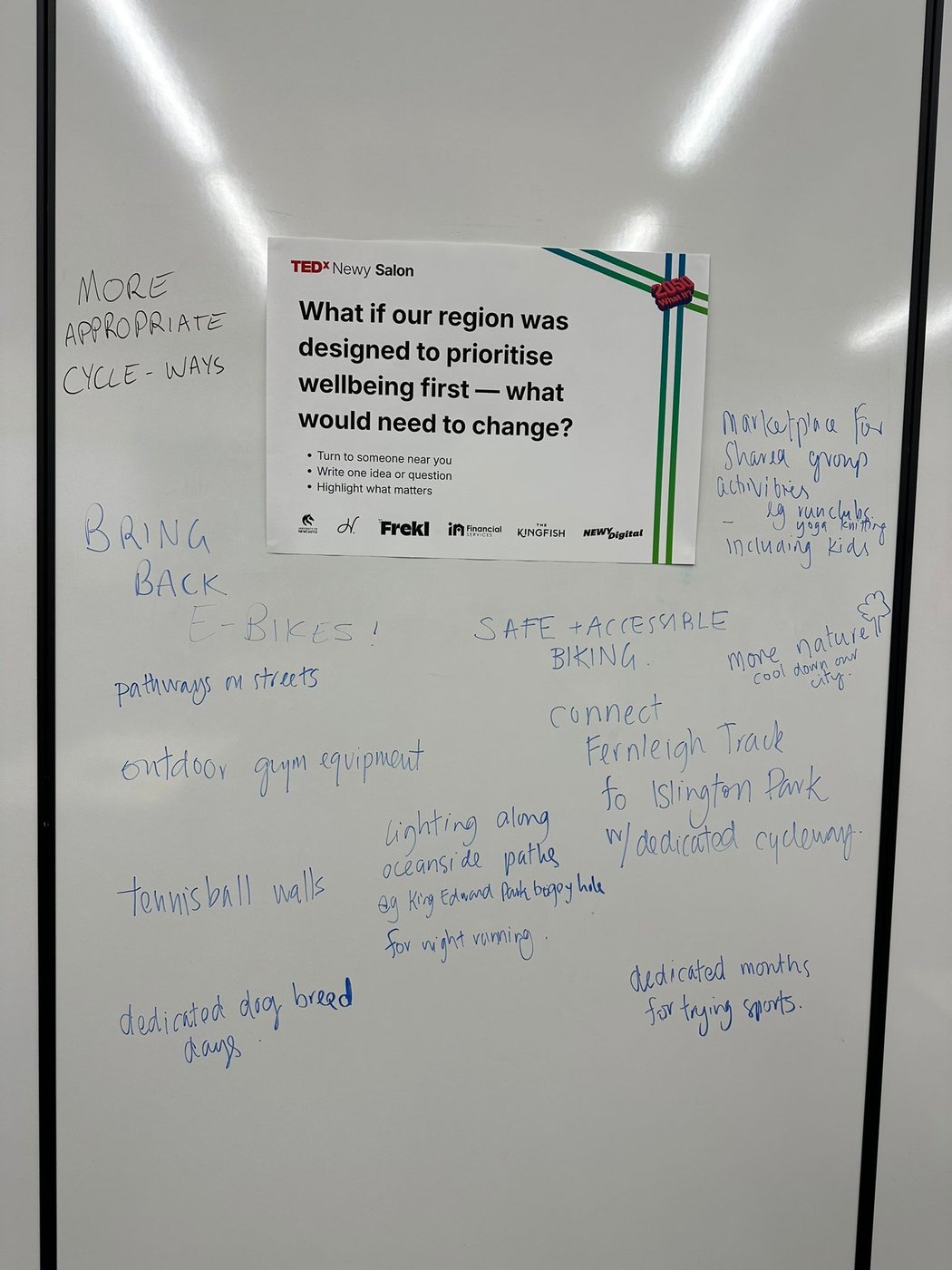 Whiteboard 1 — outdoor / active / connected responses, written in blue marker around a TEDxNewy Salon prompt poster.